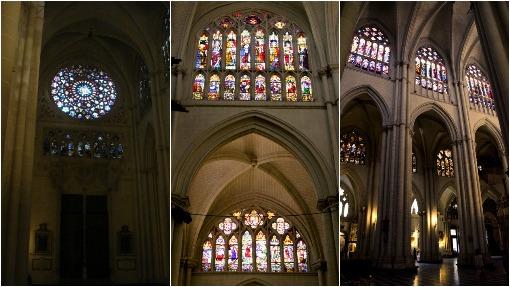 Tres rincones de la catedral de Toledo, con sus vidrieras