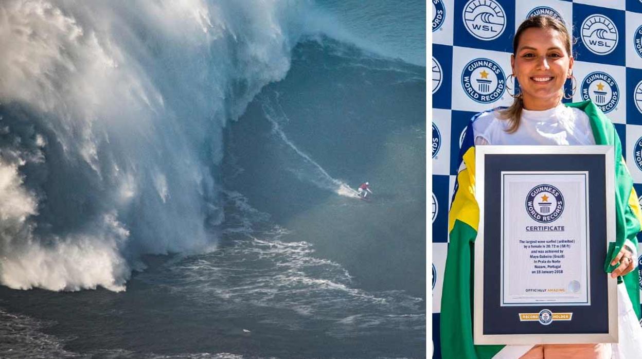 Maya Gabeira, con su record Guinness y en pleno esfuerzo, en la playa de Nazaré