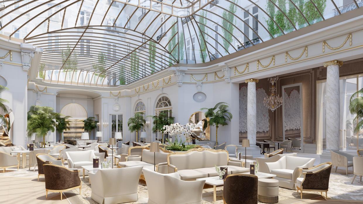 Bajo la espectacular cúpula de cristal original, que estuvo oculta durante 80 años y ha sido ahora cuidadosamente restaurada, se encuentra el Palm Court